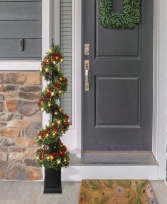 Puleo 4' Pre-Lit Artificial Potted Swirl Tree Adorned with Red Berries