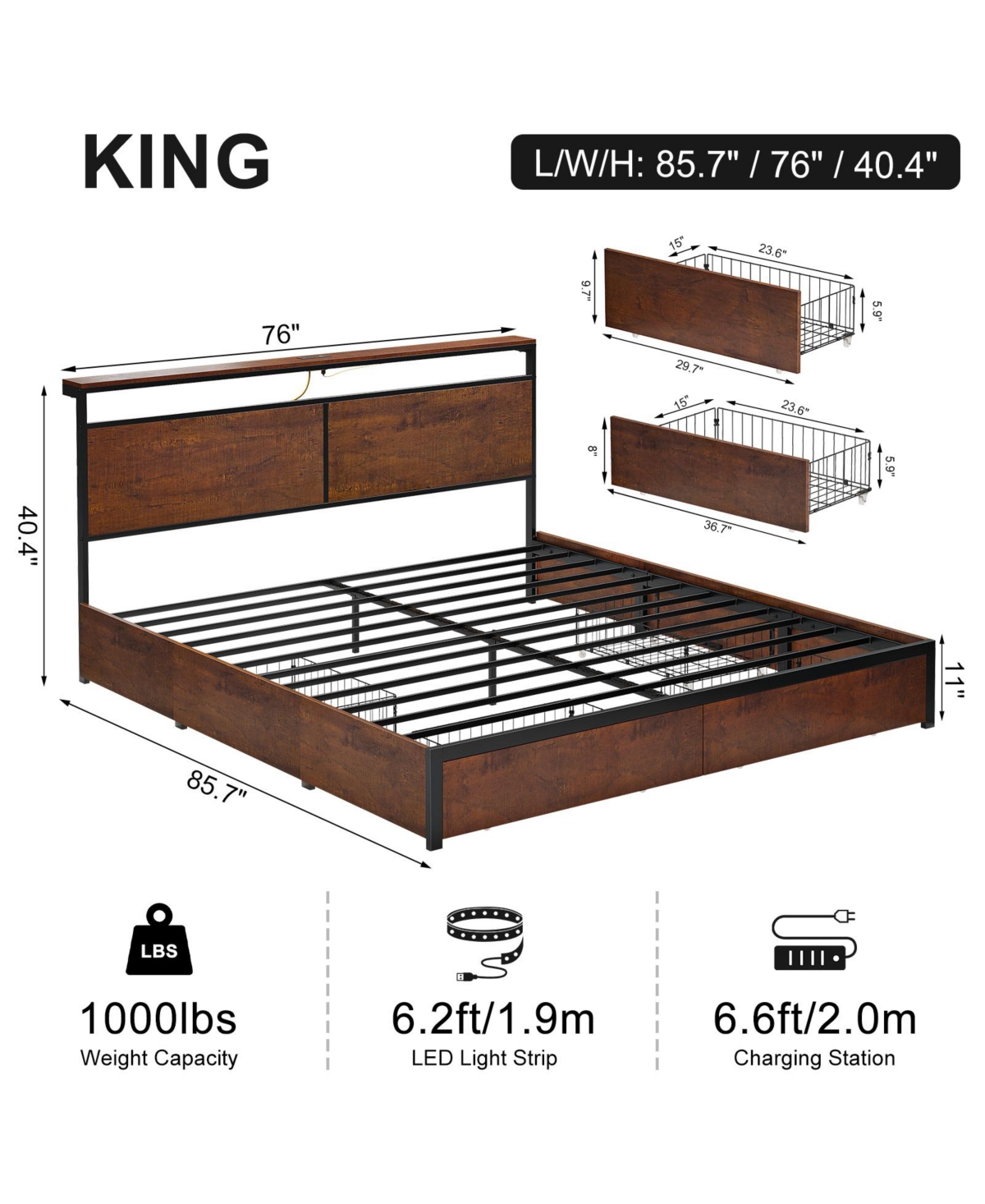 Hausource King Size Bed Frame with Led Storage Headboard & 4 Drawers & Charging Station