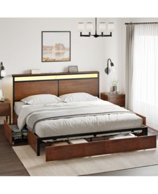 Hausource King Size Bed Frame with LED Storage Headboard & 4 Drawers & Charging Station Brown - Macy's