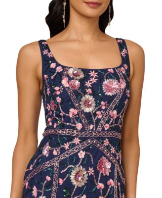 Women's Beaded Godet Square Neck Dress