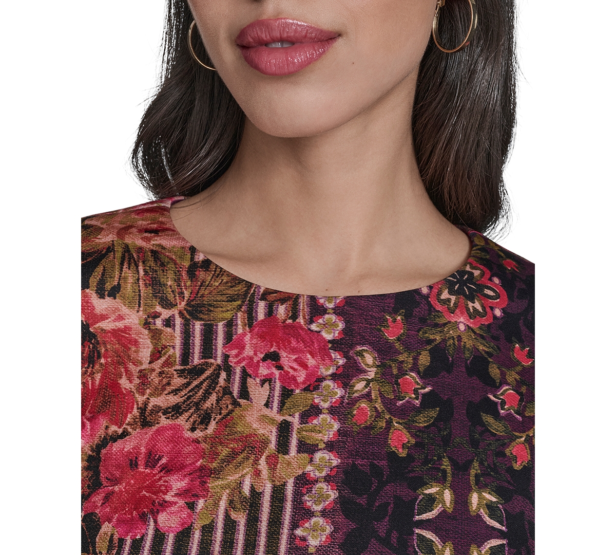 Vince Camuto Petite Placement Shift Print Round Neck Midi Bodycon Dress In Multi
