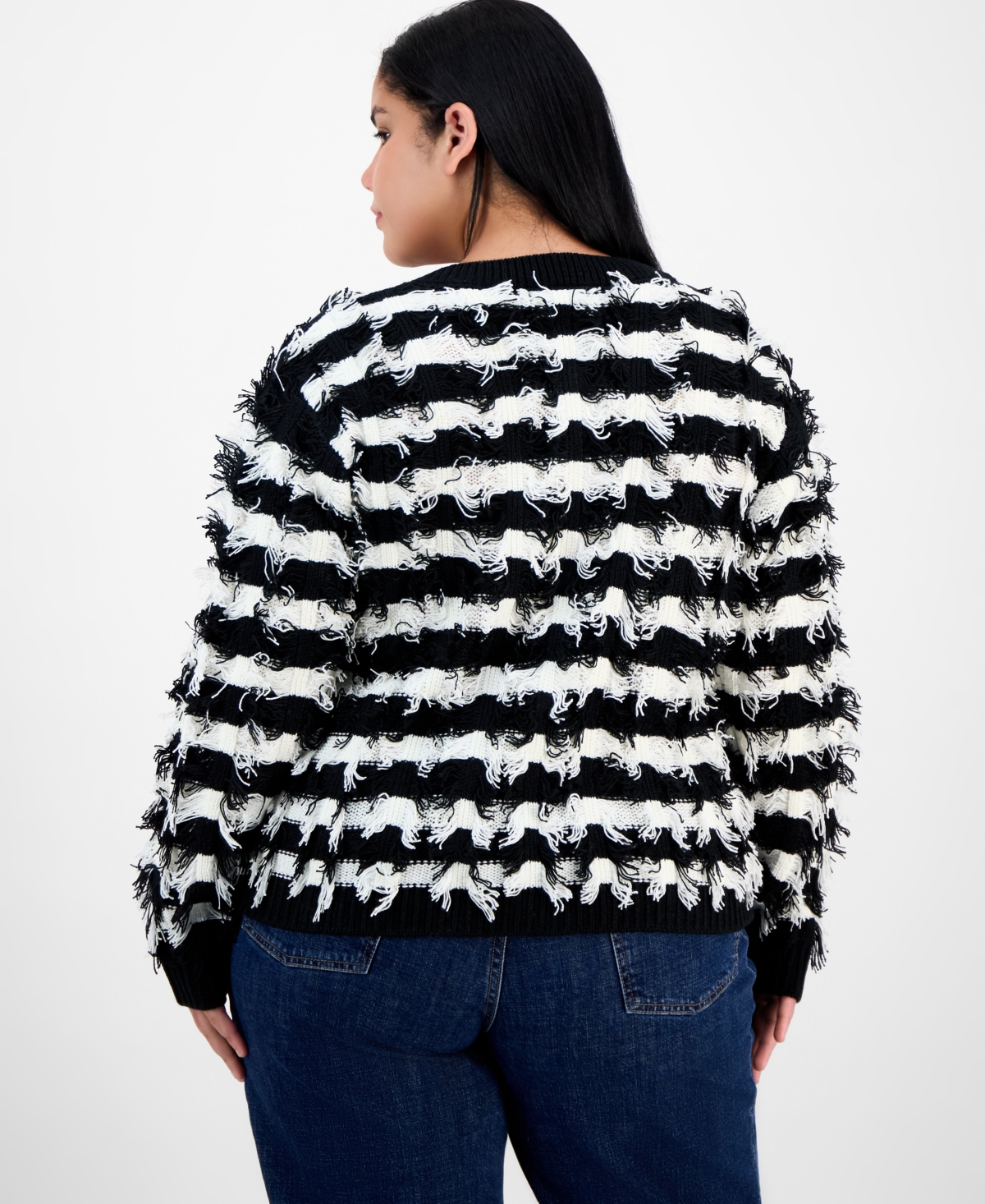 Liverpool Los Angeles Trendy Plus Stripe Fringe-Knit Cardigan