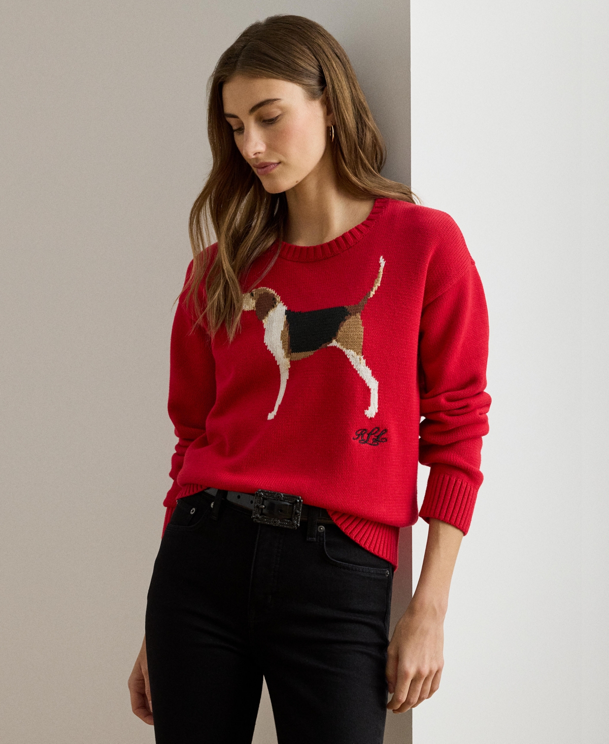 Ralph Lauren Intarsia-knit Foxhound Cotton Sweater In Red