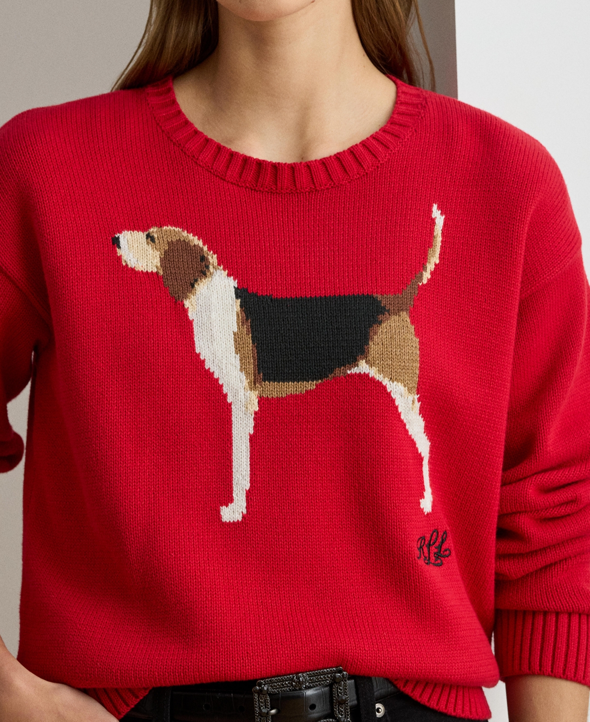 Ralph Lauren Intarsia-knit Foxhound Cotton Sweater In Red