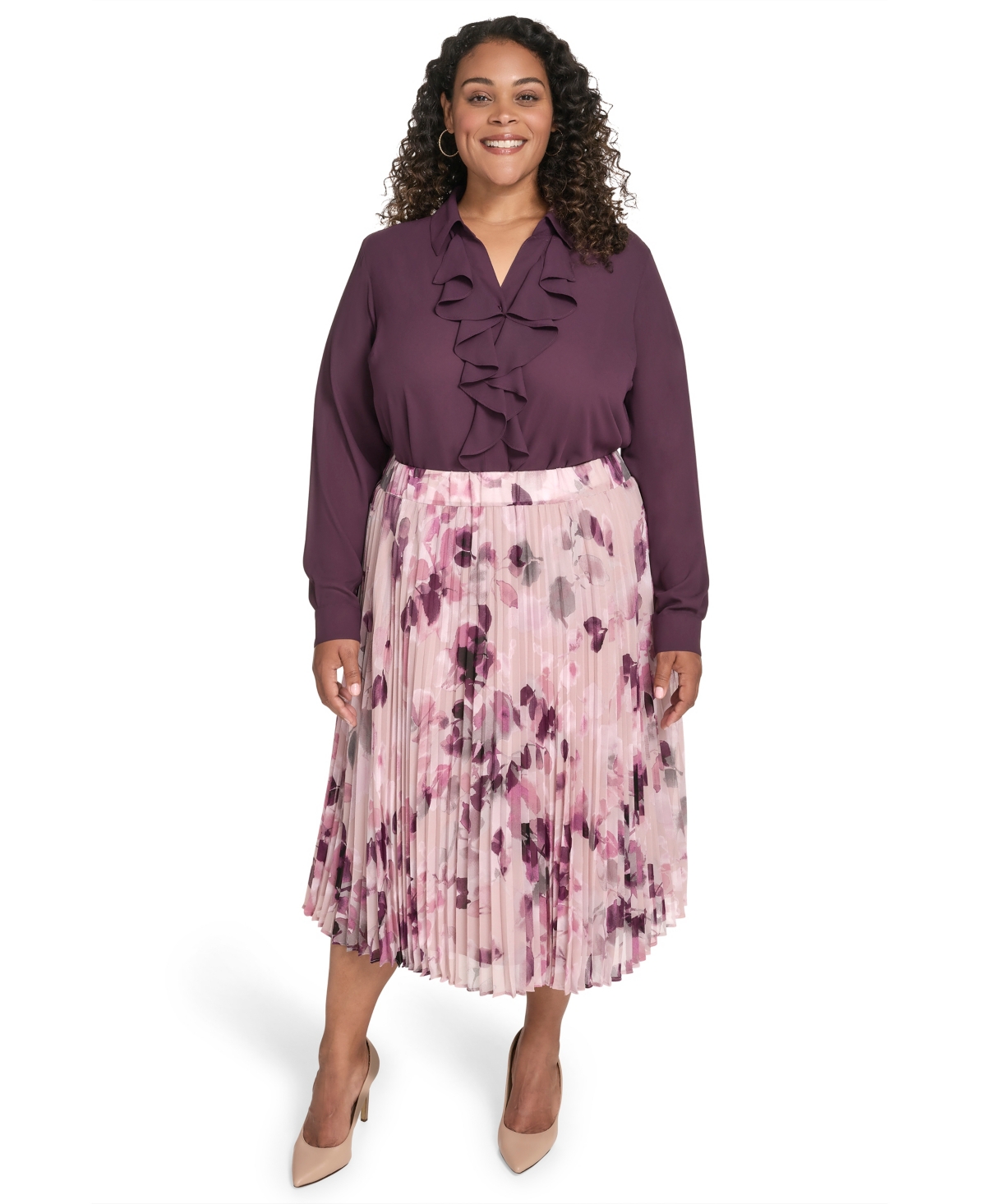 Calvin Klein Plus Size Printed Midi Skirt In Brown