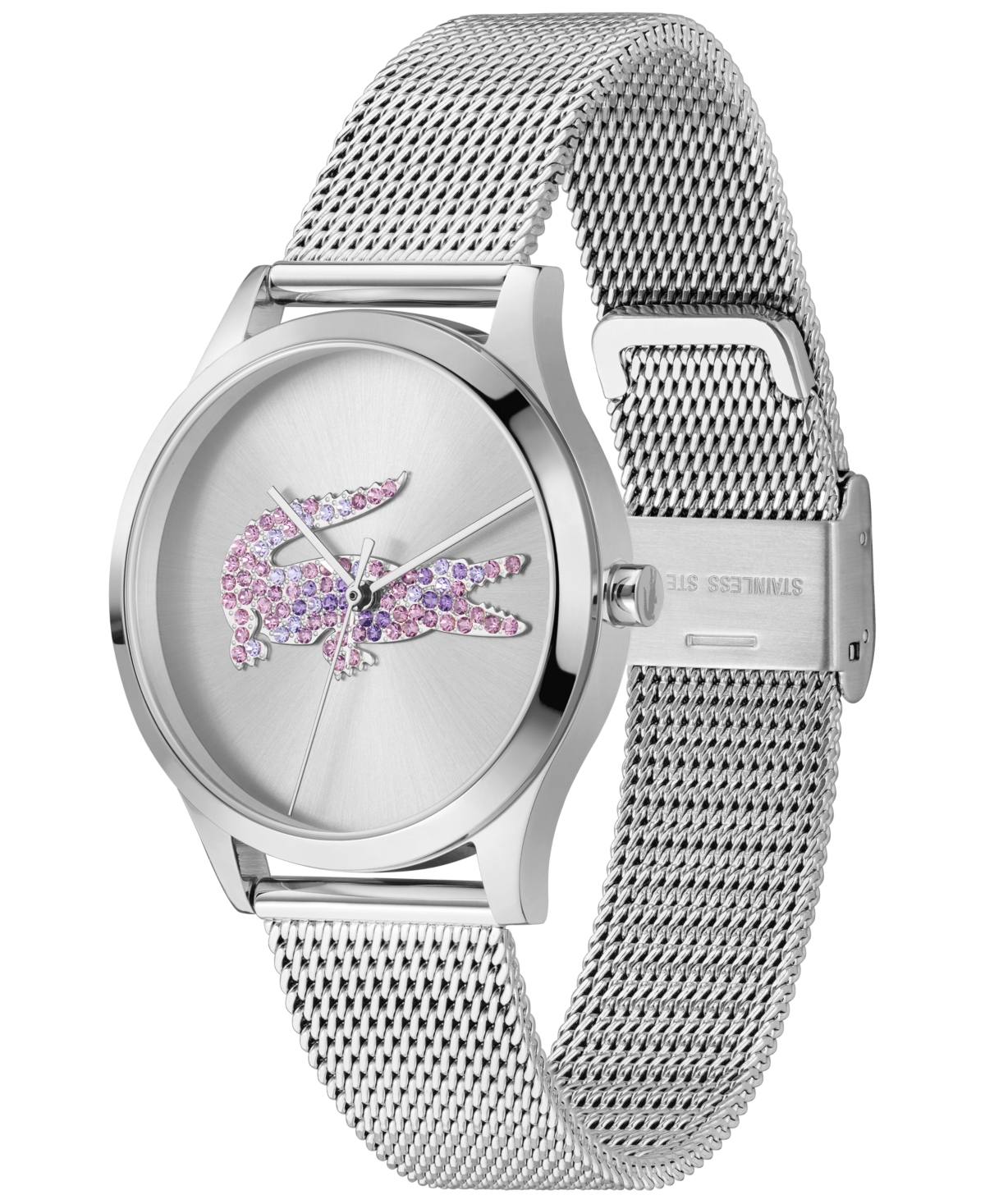 Lacoste Women's Crocodelle Silver Tone Stainless Steel Mesh Bracelet Watch, 36mm In Silver
