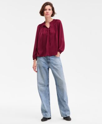 Women's Ruched Long-Sleeve Peasant Top