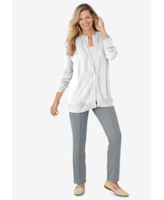 Plus Size Long-Sleeve Pointelle Cardigan