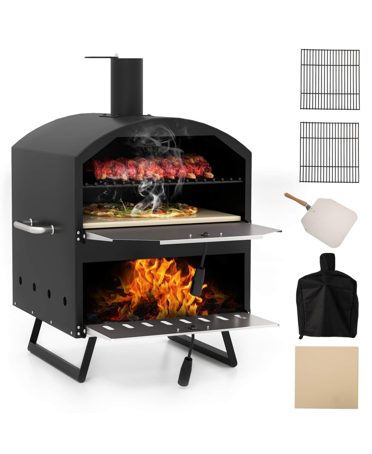 Costway 16" Outdoor Pizza Oven with Stone Peel & Grill Racks Folding Legs and Cover