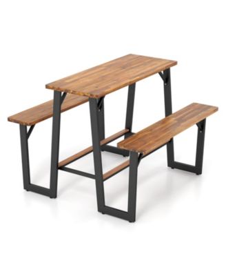 Patio Picnic Table Bench Set with Acacia Wood Tabletop Benchtop Built-in Footrests