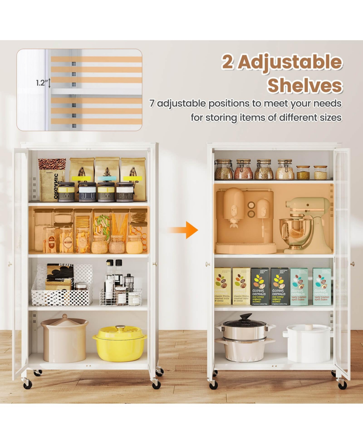 Costway Storage Cabinet with Wheels & 2 Translucent Doors Adjustable Shelves Sideboard