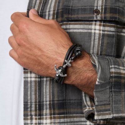 Mens Black Leather Anchor Wrap Bracelet with Adjustable Fit