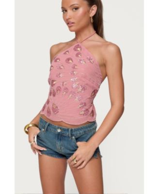 Women's Embroidered Bead & Sequin Halter Top