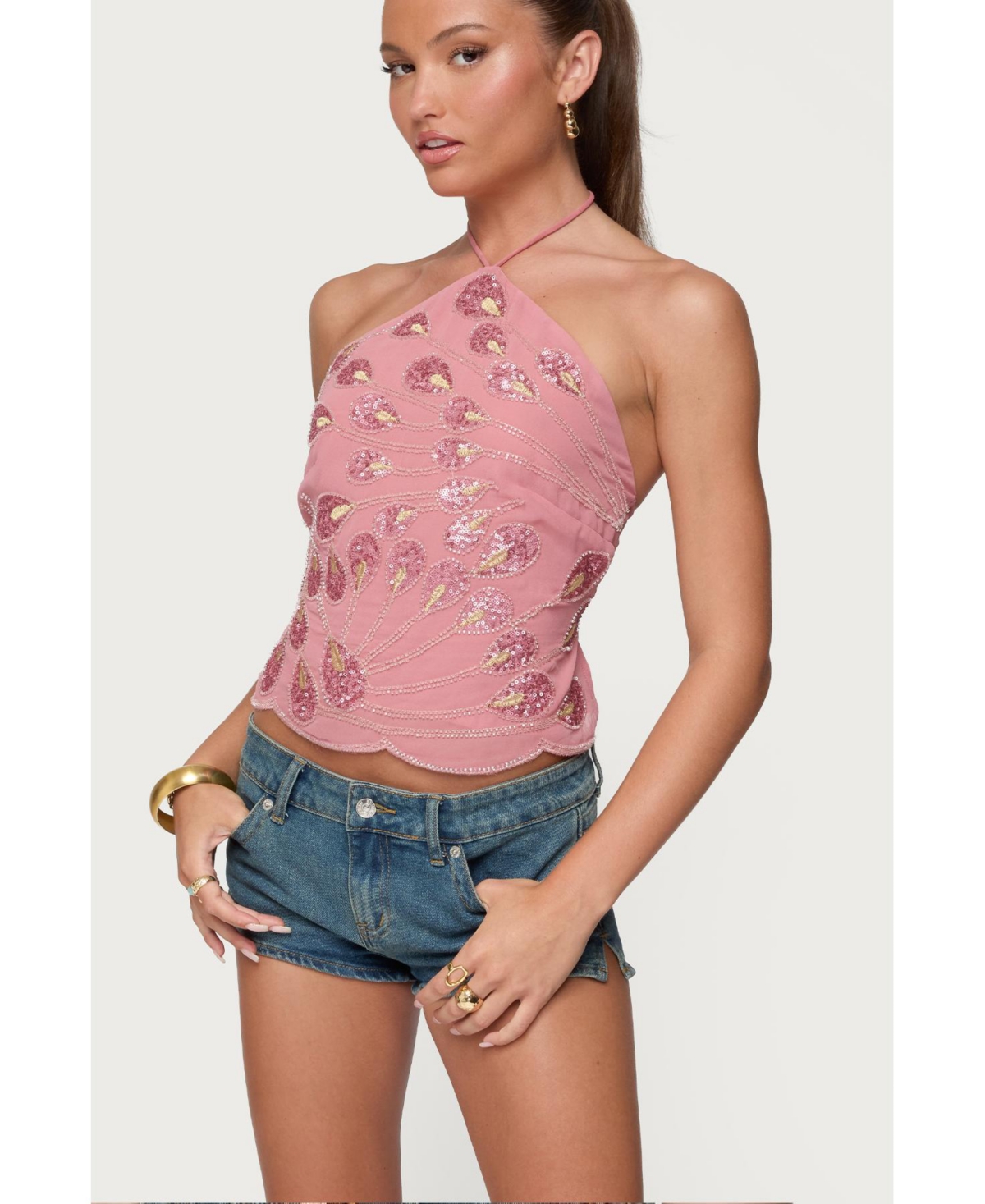 Edikted Women's Embroidered Bead & Sequin Halter Top