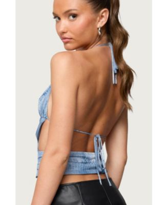 Womens Crossover Backless Printed Mesh Top