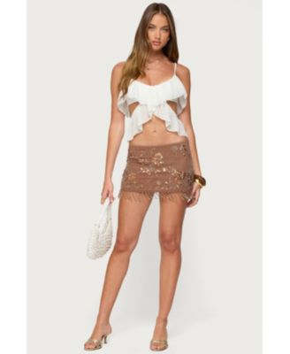 Women's Sheer Sequin Bead Fringed Mini Skirt