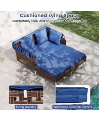 Outdoor Daybed w/ Retractable Canopy PE Wicker Rattan Patio Double Chaise Lounger