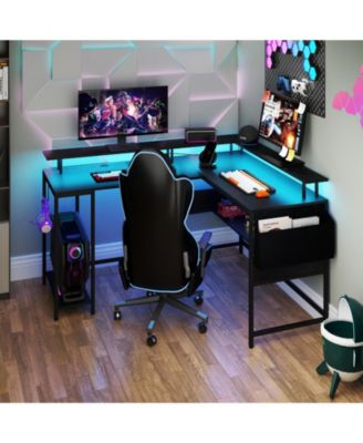 L-Shaped Gaming Desk w/ LED Lights & Power Outlets Monitor Stand Fabric Bag