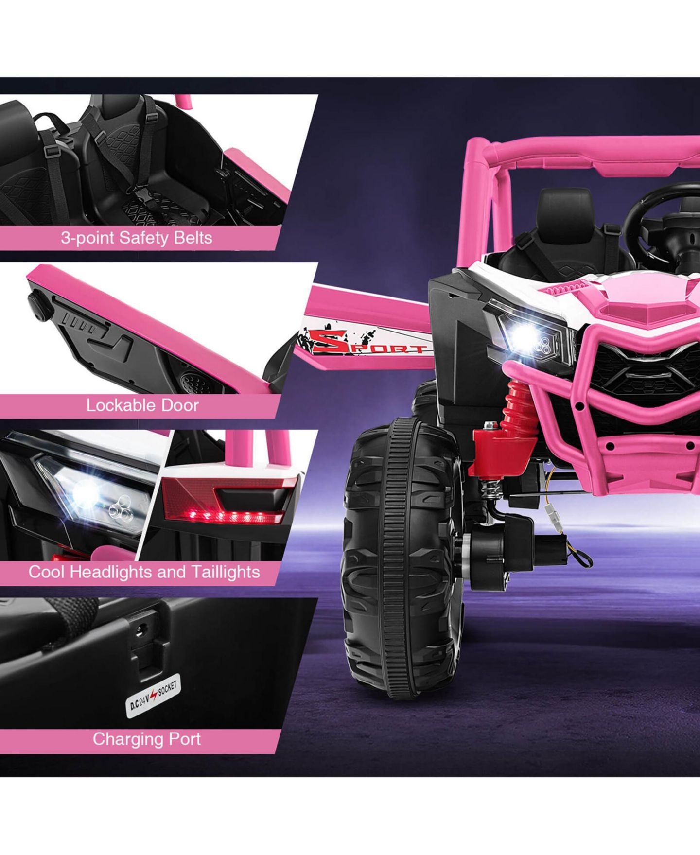 Детская игрушка Costway 24V 2-Seater Remote Control Ride-On UTV, от 3 лет, цвет: Розовый — фото 6