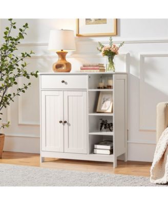 Double-Door Bathroom Cabinet with Adjustable Panels, Drawer, and Side Shelves