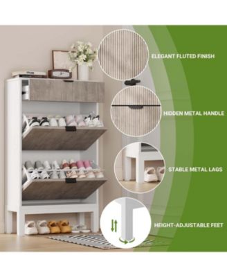Shoe Storage Cabinet with 2 Flip Drawers, Entrance Wooden Shoe Rack with Iron Legs,Farmhouse Fluted Shoe Organizer for Entryway,Hallway,Foyer(White+Grey)