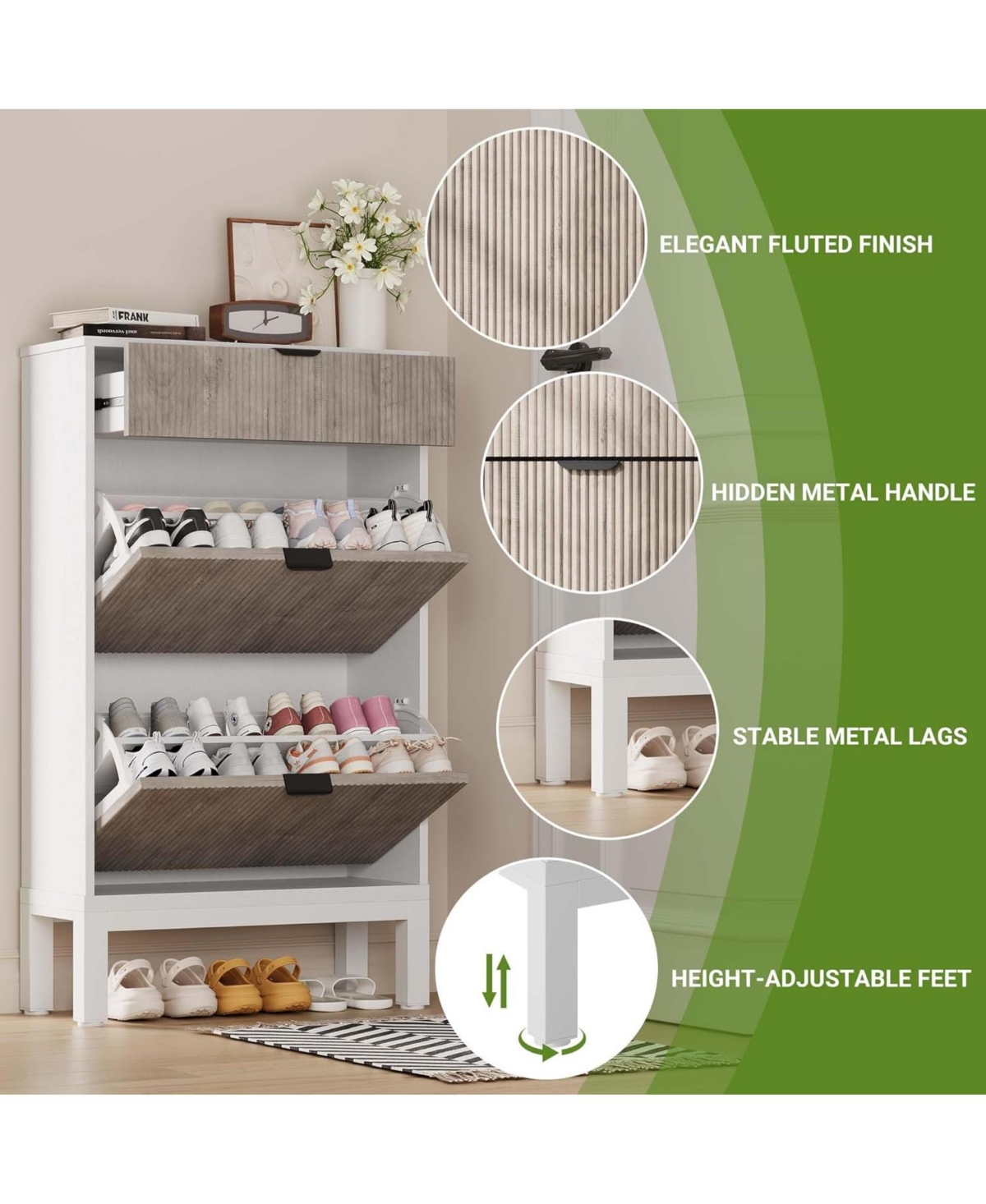 gaomon Shoe Storage Cabinet with 2 Flip Drawers, Entrance Wooden Shoe Rack with Iron Legs,Farmhouse Fluted Shoe Organizer for Entryway,Hallway,Foyer(W