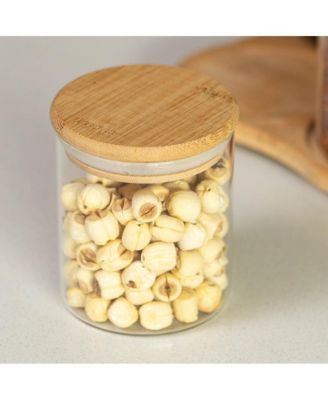 Minimalist Two-Tier Bamboo Lazy Susan Turntable with 8 Pcs 12 oz Airtight Lid Glass Jars, Versatile Spice Rack Organizer, Perfect for Kitchen Countertops, Dining Tables, and Pantry Cabinets