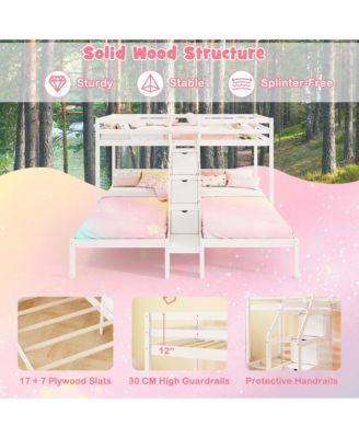 Wooden Twin Over Twin & Twin Bunk Bed w/ 4-Step Storage Staircase Guardrail