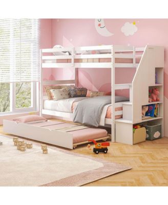 Twin Size Wooden Bunk Bed w/ Trundle Storage Stairs Convertible