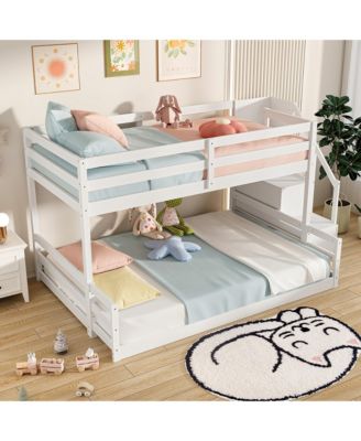 Twin Over Full Low Bunk Bed w/ Storage Stairs w/ Full-length Guardrails