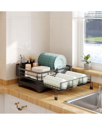 Dish Drying Rack,Extendable Dish Rack with Cutlery Holder, Anti-Rust Black Dish Racks for Kitchen Counter
