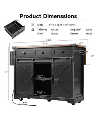 53.7" Farmhouse Kitchen Island with Drop Leaf, Power Outlet, Barn Doors & Drawers, Rolling Storage Cart