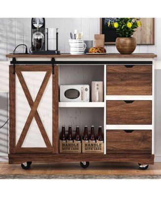 55.5" Wide MDF Drop Leaf, Barn Door, Power Outlet, 3 Drawers, Locking Wheels Farmhouse Kitchen Island Cart