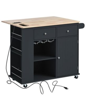 39.8" Wide Rubberwood, MDF Power Outlet, Drop Leaf, Wine Glass Rack, 2 Drawers, Locking Wheels Mobile Kitchen Island Cart