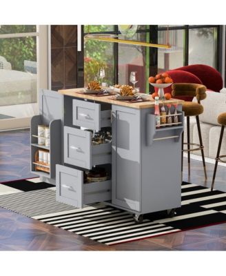 Rolling Kitchen Island 50-Inch with Rubber Wood Top, Slide-Out Shelves, 3 Drawers and Storage Racks