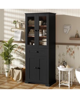 67.2" Tall Bathroom Storage Cabinet with Tempered Glass Doors, Adjustable Shelves, Drawer and Soft-Close Design