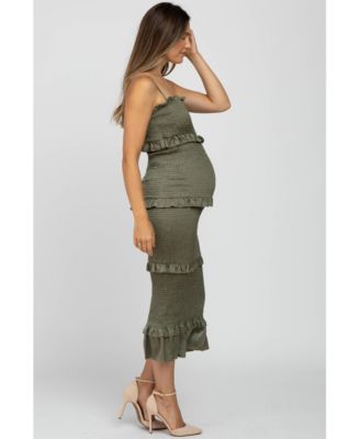 Olive Satin Smocked Fitted Maternity Maxi Dress