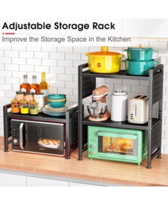 17.4"- 27.4" Expandable Microwave Stand, 3-Tier Heavy Duty Adjustable Height Microwave Oven Rack with 9 Hooks and Cutting Board Holder, Countertop Kitchen Shelf Organizer, Holds up to 180 lbs, Black