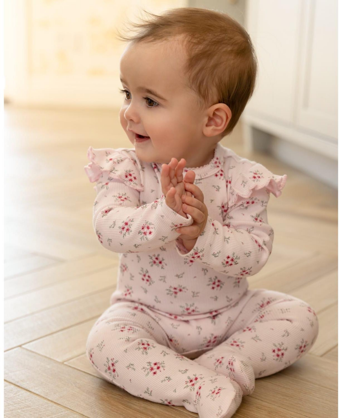 MeMoi Baby and Toddler Girls Cotton Rich Ruffle-Sleeve Floral Footie