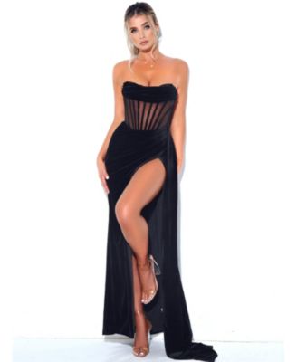 Women's Priya Black Draping Corset High Slit Velvet Gown