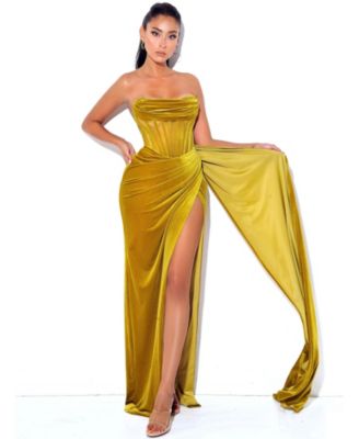 Women's Priya Gold Draping Corset High Slit Velvet Gown