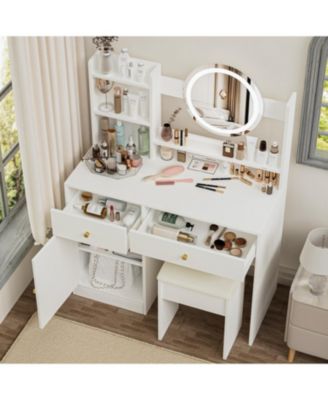  Vanity Desk with Mirror, Lights, and Cushioned Chair