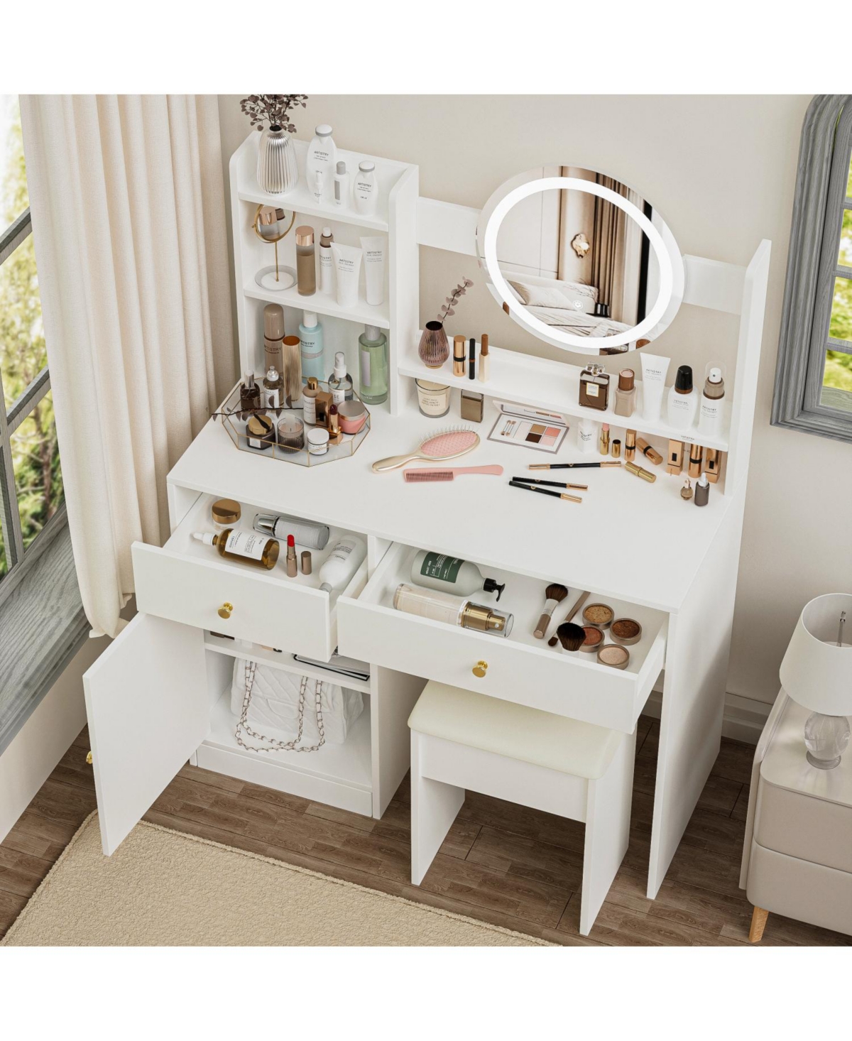 Streamdale Furniture Vanity Desk with Mirror, Lights, and Cushioned Chair
