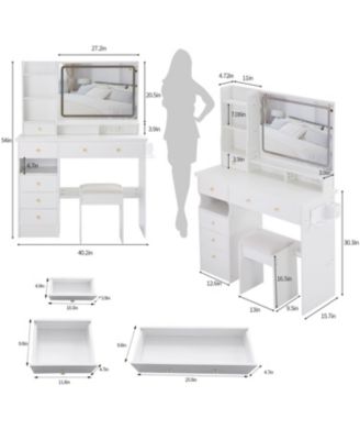 Vanity Table with Cushioned Stool, Power Station, Hair Dryer Stand, Large LED Mirror