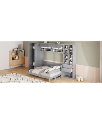 Queen Size Murphy Bed Wall Bed with Closet Drawers and Shelves