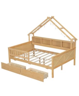 Wood Full House Platform Bed with LED & Storage