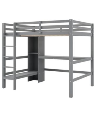 Full Size Wood Loft Bed with Multifunction Shelves and Under-bed Desk Bed