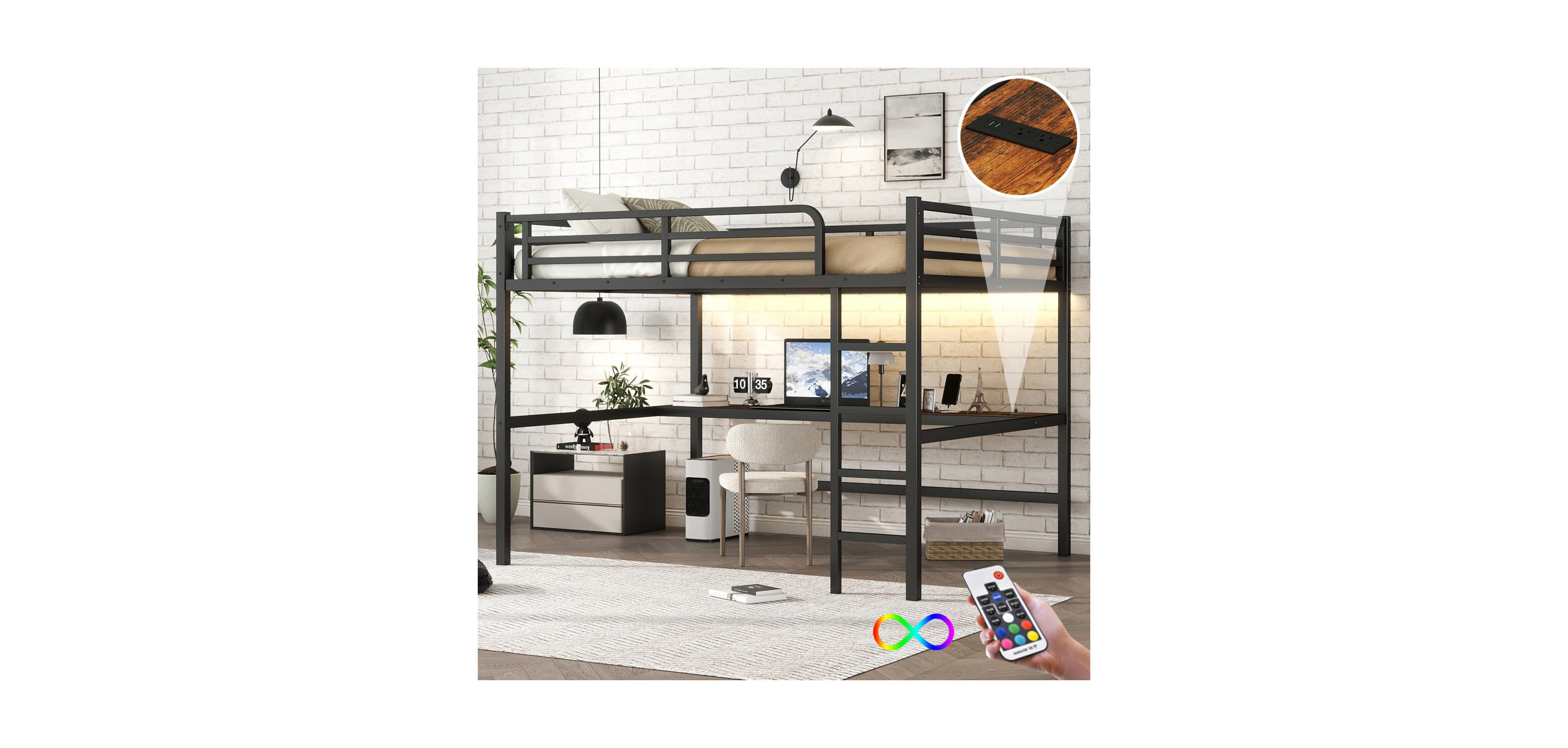 Streamdale Furniture Queen Loft Bed with Outlet & Led - Black