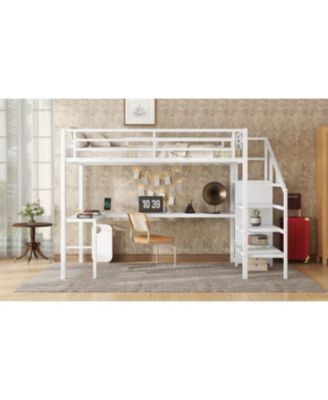Loft Bed with Desk Wardrobe Shelf & LED - White