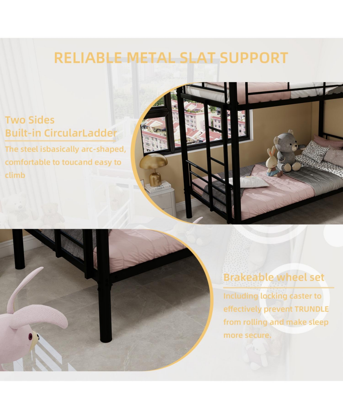 Streamdale Furniture Twin Over Twin Metal Bunk Bed with Ladders & Guardrail